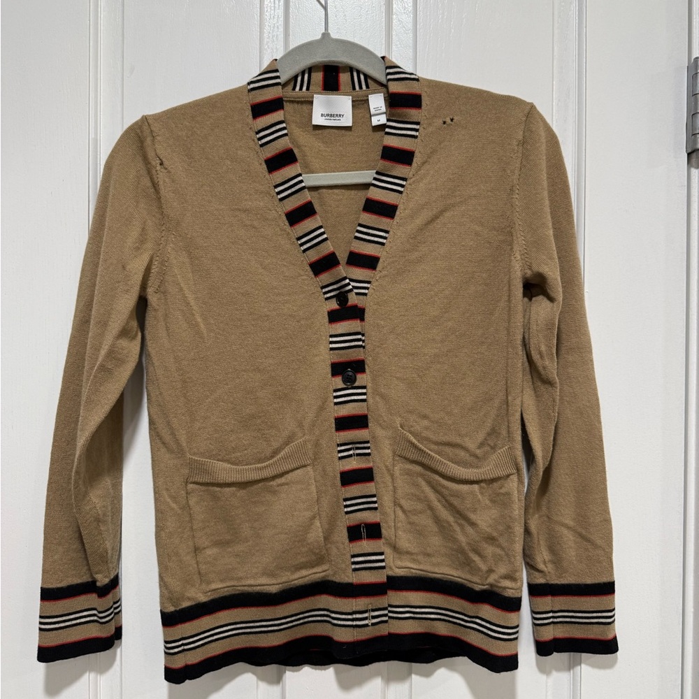 Burberry Beige Cardigan with Black and Red Stripes